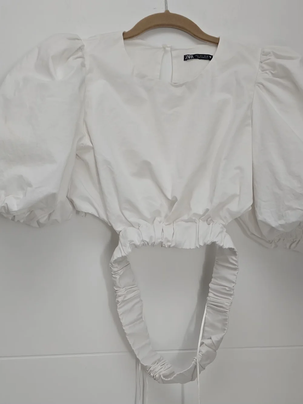 Zara White Cotton Puff Sleeve Crop Top Cutout Open Back Size L